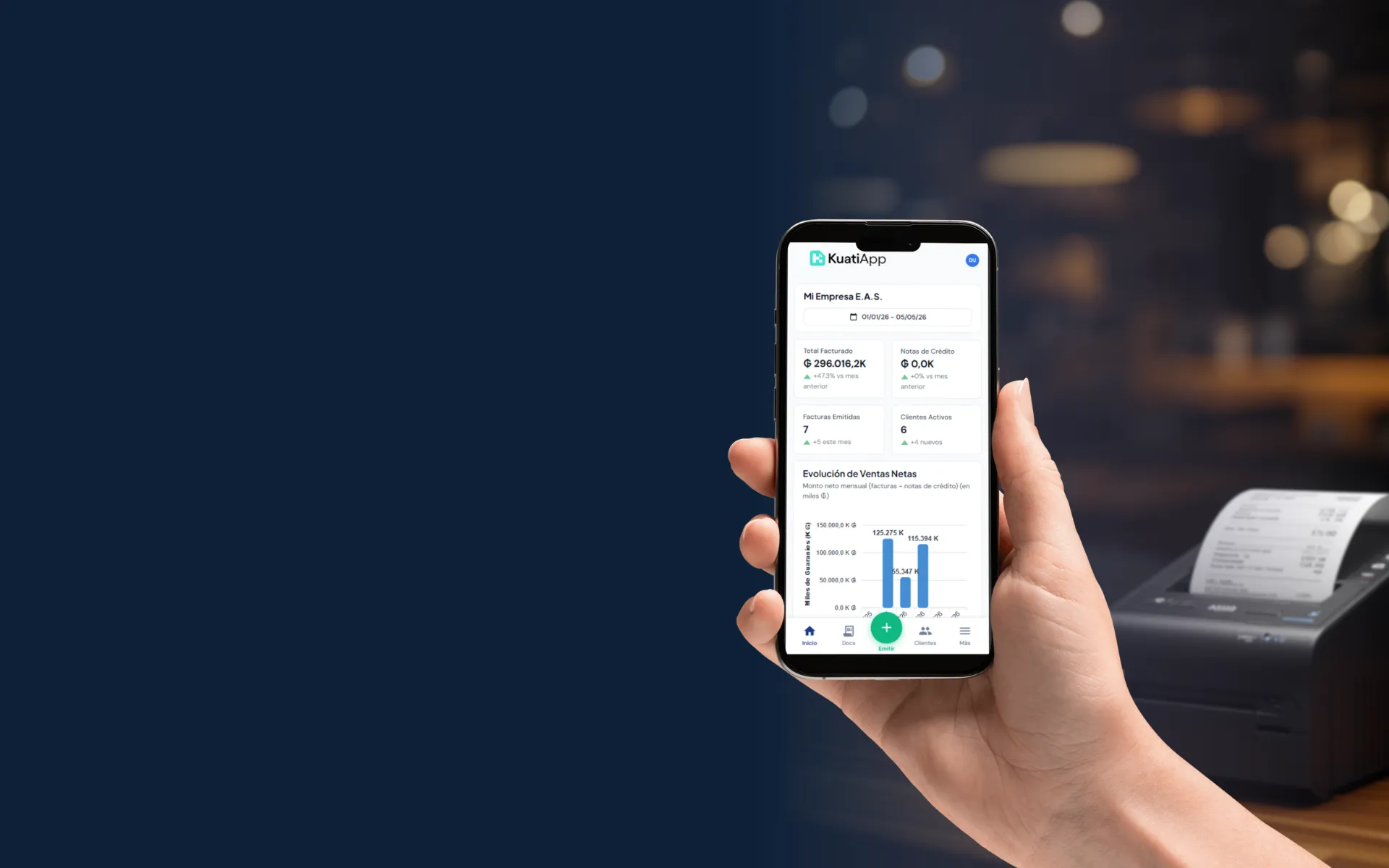 KuatiApp en el celular: emisión de factura electrónica con impresora térmica imprimiendo el ticket